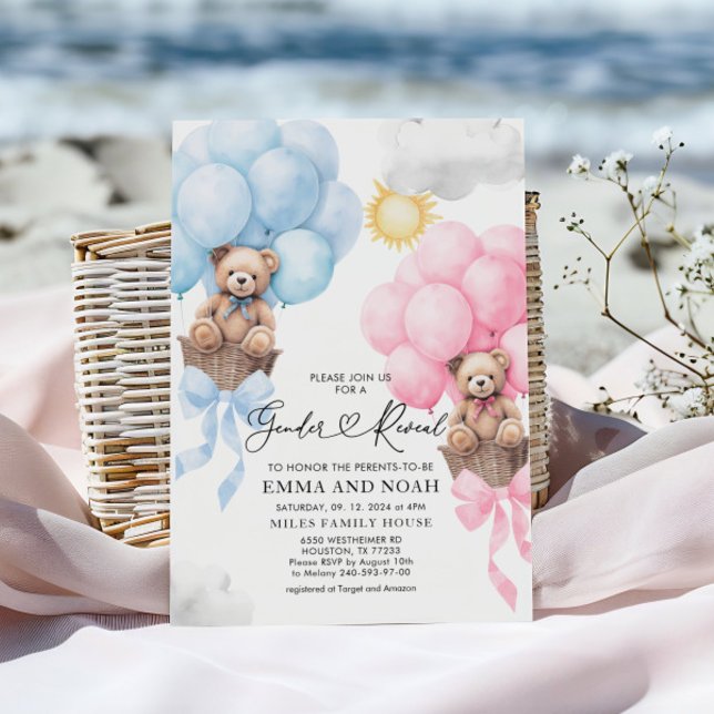 Gender Reveal Bear And Bow Invitation (Creator Uploaded)