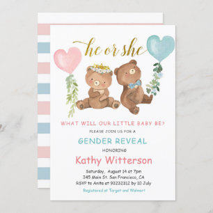 Gender Reveal Bear Balloons  Baby Shower Invitation