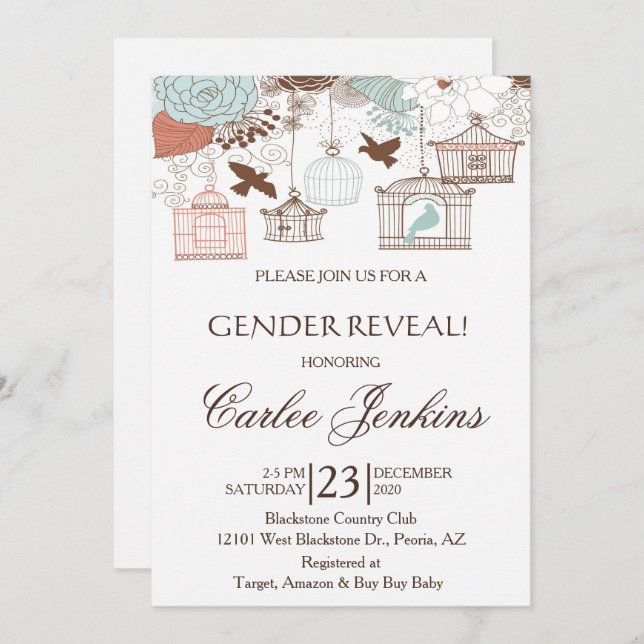 Gender Reveal Bird Cages Baby Shower Invite (Front/Back)