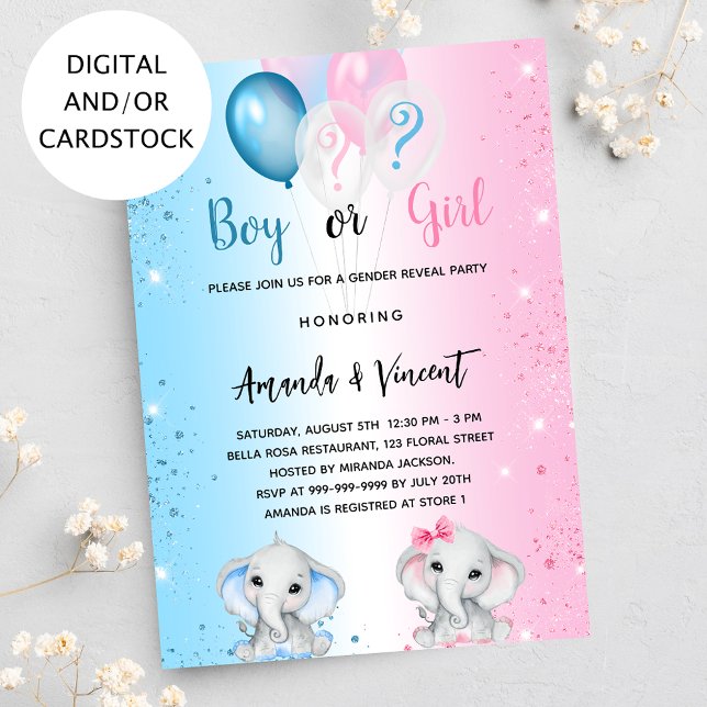 Gender reveal blue pink boy girl elephants invitation (Creator Uploaded)