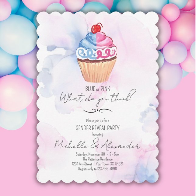 Gender Reveal Blue Pink Cupcake Watercolor Party Invitation (Creator Uploaded)
