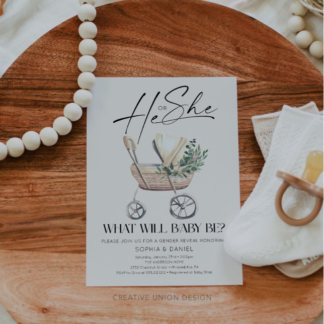 Gender Reveal Boho Baby Stroller Baby Shower  Invitation (Creator Uploaded)