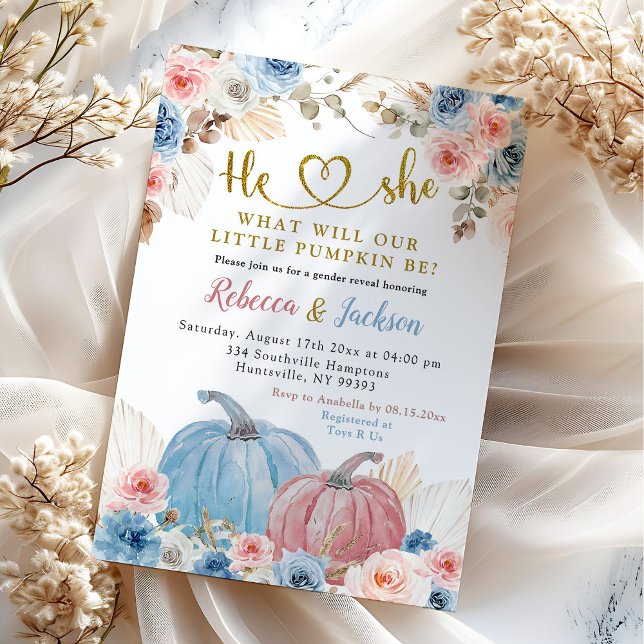 Gender Reveal Boho Pink Blue Pumpkin Floral Invitation (Creator Uploaded)