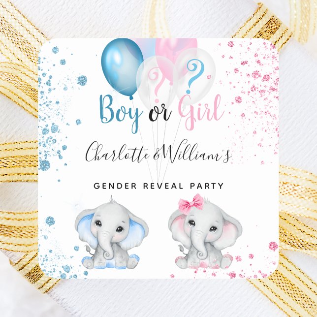 Gender reveal boy girl blue pink glitter elephants square sticker (Creator Uploaded)