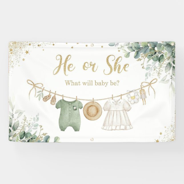  Gender Reveal Boy or Girl Feet Boho Sage Eucalypt Banner (Horizontal)