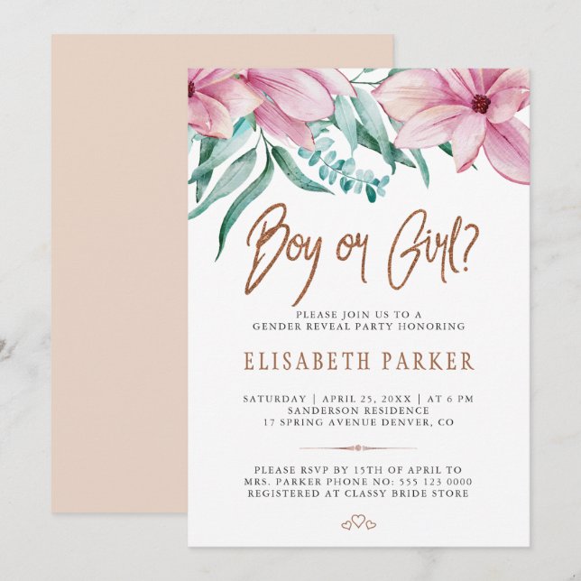 Gender reveal boy or girl floral baby shower party invitation (Front/Back)