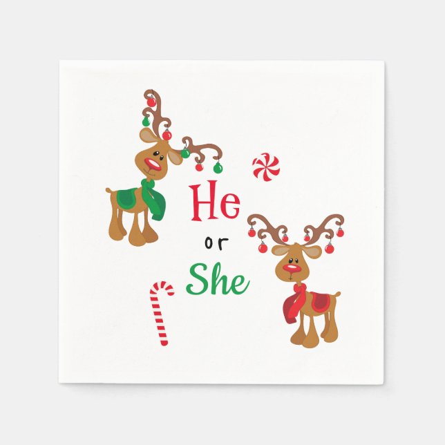 Gender Reveal Christmas Reindeer Holiday green Red Napkin (Front)