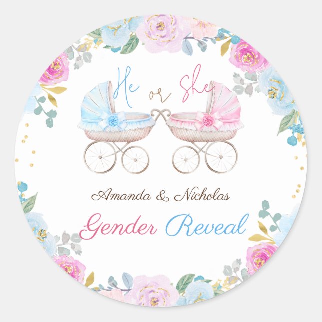 Gender Reveal Cute Floral Pink blue Classic Round Sticker (Front)