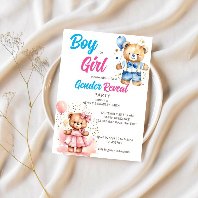 Gender reveal cute teddy bear boy or girl template (Gender reveal template invitation digital download cute teddy bear girl and boy balloons he or she)