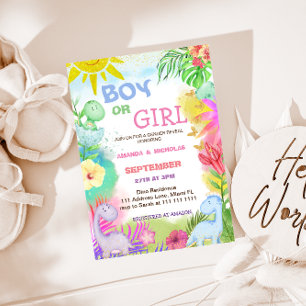Gender Reveal Dino Floral Glitter Invitation