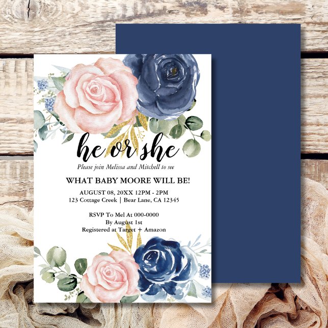 Gender reveal elegant floral navy blue blush pink  invitation (Creator Uploaded)