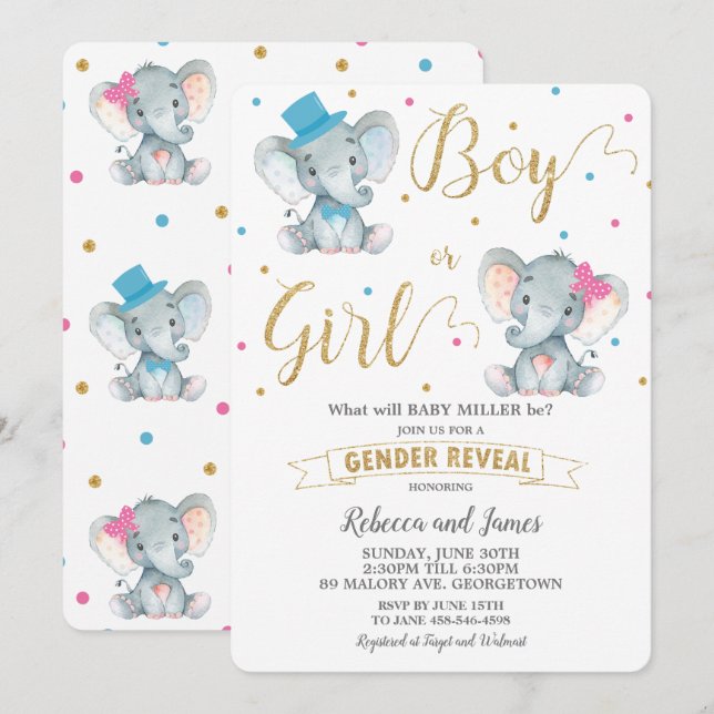 Gender Reveal Elephant Baby Boy or Baby Girl Gold Invitation (Front/Back)