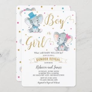 Gender Reveal Elephant Baby Boy or Baby Girl Gold Invitation
