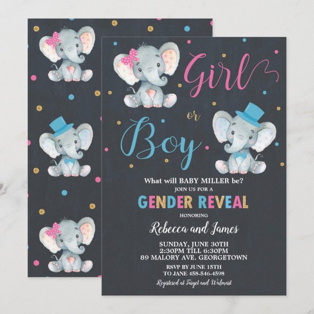 Gender Reveal Elephant Baby Boy or Baby Girl Invitation (Front/Back)