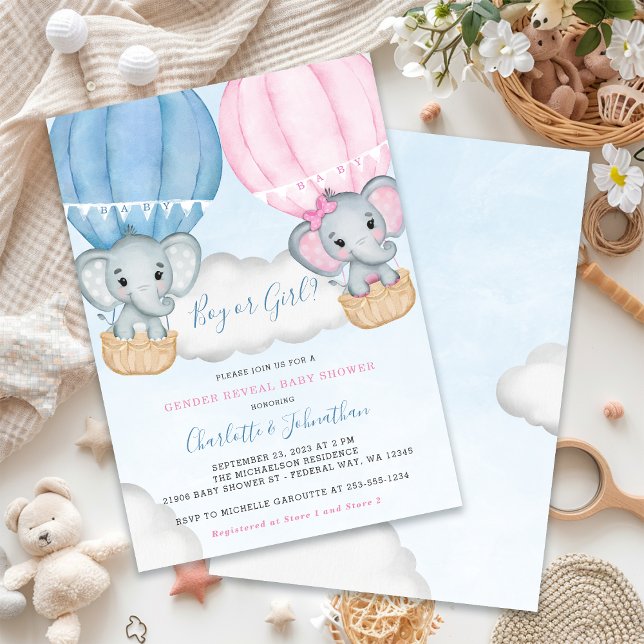Gender Reveal Elephant Balloon Baby Shower Invitation (Gender Reveal Elephant Balloon Baby Shower Invitation)