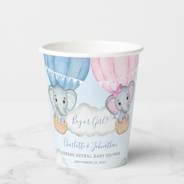 Gender Reveal Elephant Balloon Baby Shower Paper Cups (Front)