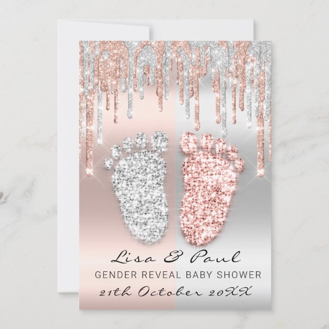Gender Reveal Feet Drips Silver Rose Baby Boy Girl Invitation (Back)