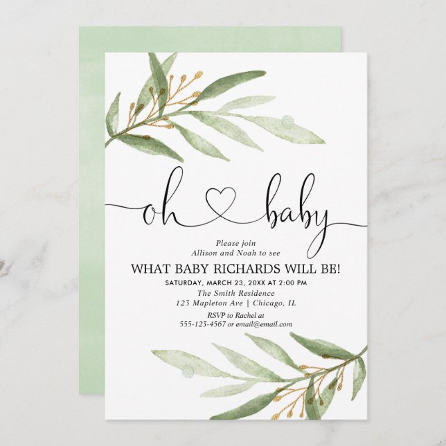 Gender reveal greenery green gold simple modern invitation (Front/Back)