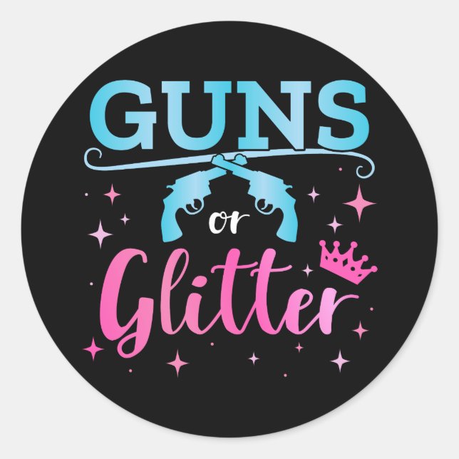 Gender reveal guns or glitter matching baby party classic round sticker (Front)