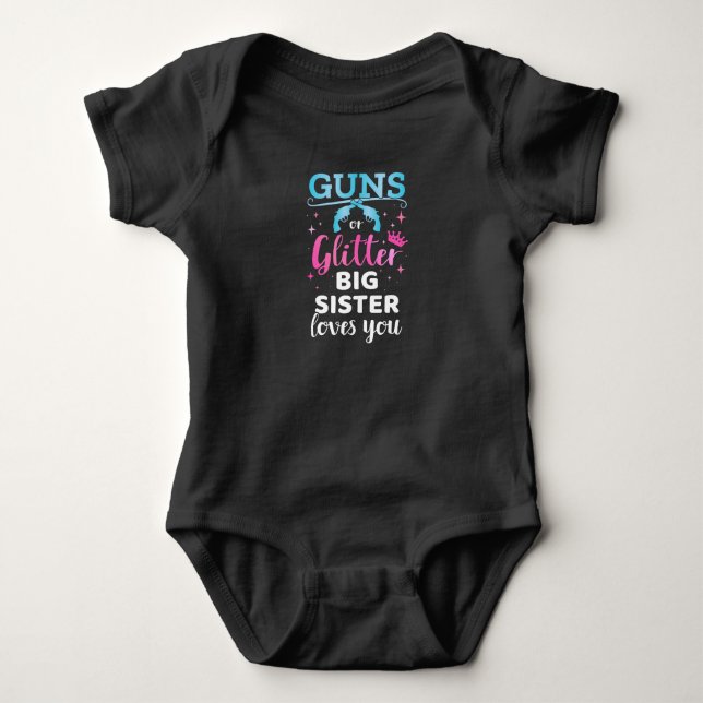 Gender reveal guns or glitter sister baby party bodysuit (Front)