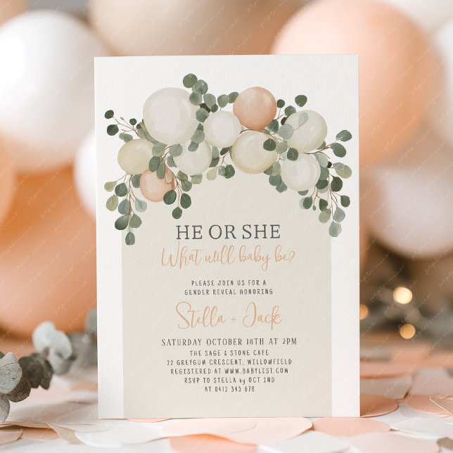 Gender Reveal He or She Greenery Balloons  Invitation (He or She Gender Reveal Invitation | Sage green arch balloon garland invitation)