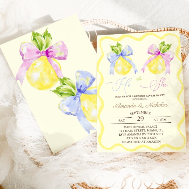 Gender Reveal He or She Pink Blue Bow Lemon Invitation (Creator Uploaded)