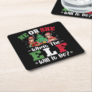 Gender Reveal He or She What the Elf Will It Be Square Paper Coaster