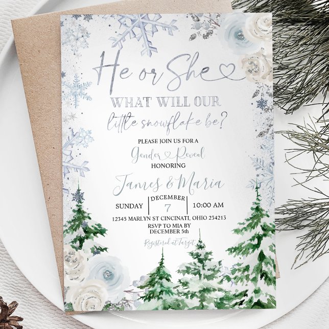 Gender Reveal He or She Winter Snowflakes Forest I Invitation (Creator Uploaded)