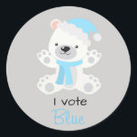 Gender Reveal I Vote Blue Polar Bear Christmas Classic Round Sticker<br><div class="desc">This design was created through digital art. It may be personalised by clicking the customise button and changing the colour, adding a name, initials or your favourite words. Contact me at colorflowcreations@gmail.com if you with to have this design on another product. Purchase my original abstract acrylic painting for sale at...</div>