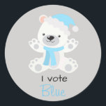 Gender Reveal I Vote Blue Polar Bear Christmas Classic Round Sticker<br><div class="desc">This design was created through digital art. It may be personalised by clicking the customise button and changing the colour, adding a name, initials or your favourite words. Contact me at colorflowcreations@gmail.com if you with to have this design on another product. Purchase my original abstract acrylic painting for sale at...</div>