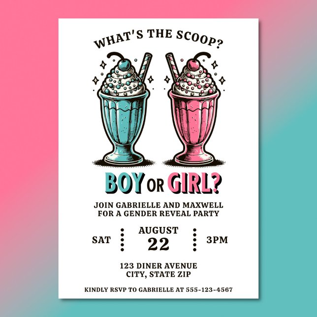 Gender Reveal Ice Cream Milkshakes Pink And Blue Invitation (Gender reveal party invitations with 1950s inspired ice cream milkshakes)