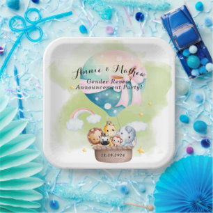 Gender Reveal in Sage Baby Animals Safari Paper Plate