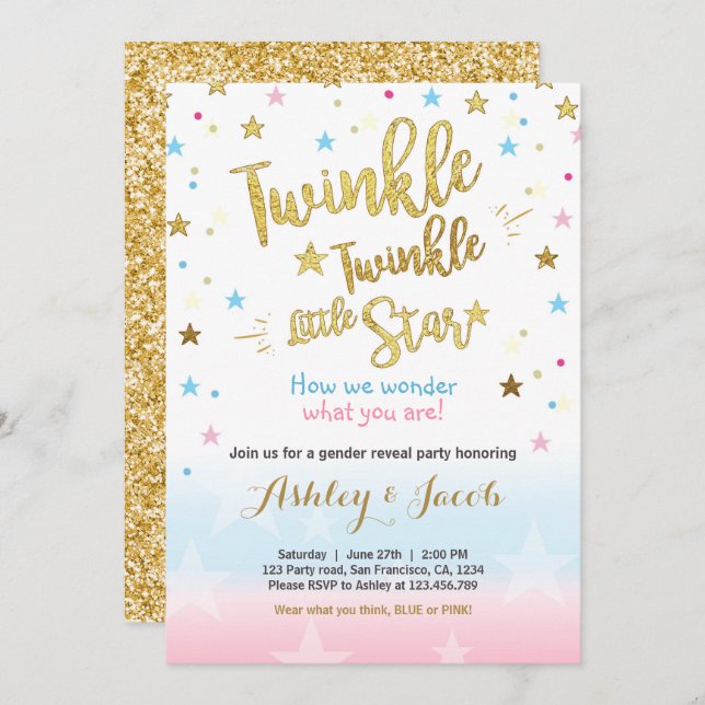 Gender reveal invitation Baby shower Stars Moon (Front/Back)