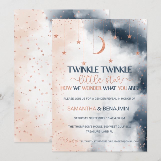 Gender Reveal Invitation, Blush Pink and Navy Blue Invitation (Front/Back)