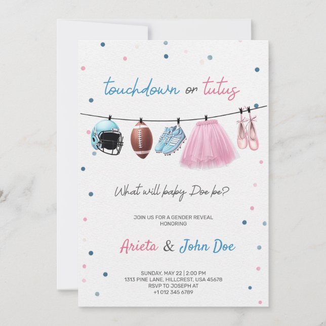 Gender Reveal Invitation card with a football,tutu (Front)