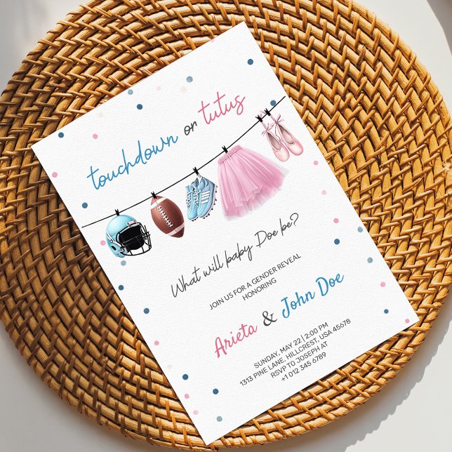 Gender Reveal Invitation card with a football,tutu (Creator Uploaded)