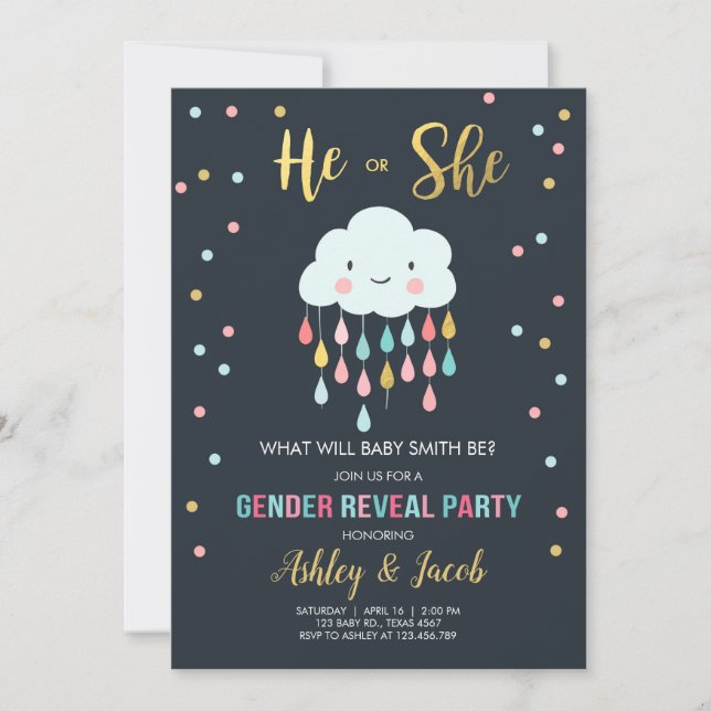 Gender Reveal Invitation Cloud Rain Drops Colours (Front)