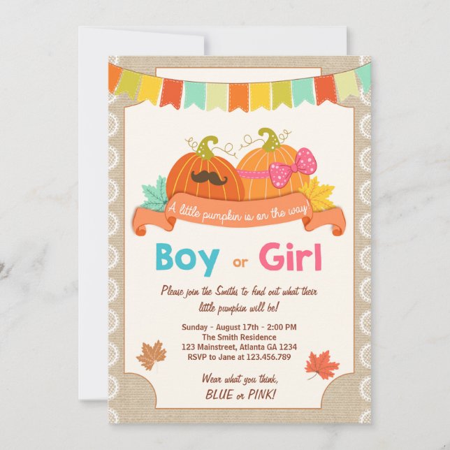 Gender reveal invitation Little pumpkin He or She (Front)