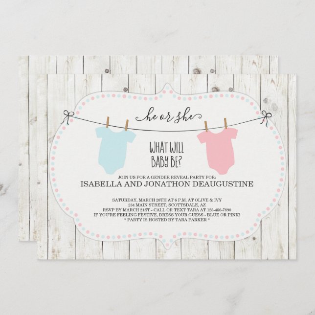 Gender Reveal Invitation | Rustic Clothesline (Front/Back)