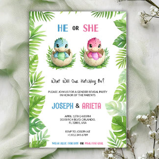 Gender reveal invitation with cartoon dinosaur egg