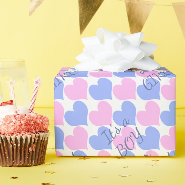 Gender Reveal It's A Boy/Girl Pink n Blue Hearts Wrapping Paper (Birthday Party)