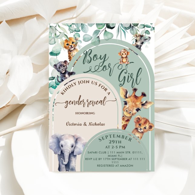Gender Reveal Jungle Safari Animals Greenery Invitation (Creator Uploaded)