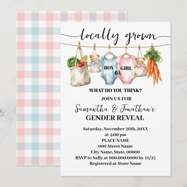 Gender Reveal Locally Grown Baby is coming Invitation (Front/Back)