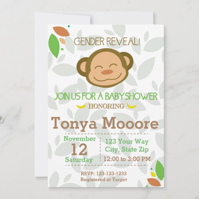Gender Reveal Monkey Baby Shower Invitation (Front)