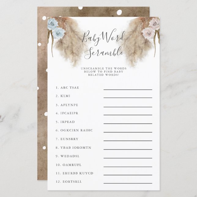 Gender Reveal Pampas Grass Baby Word Scramble Game (Front/Back)