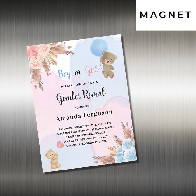 Gender reveal pampas teddy magnet invitation (Creator Uploaded)