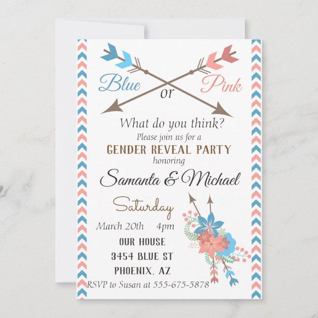 Gender Reveal Party Arrow Blue Pink Boho Flowers Invitation (Front)