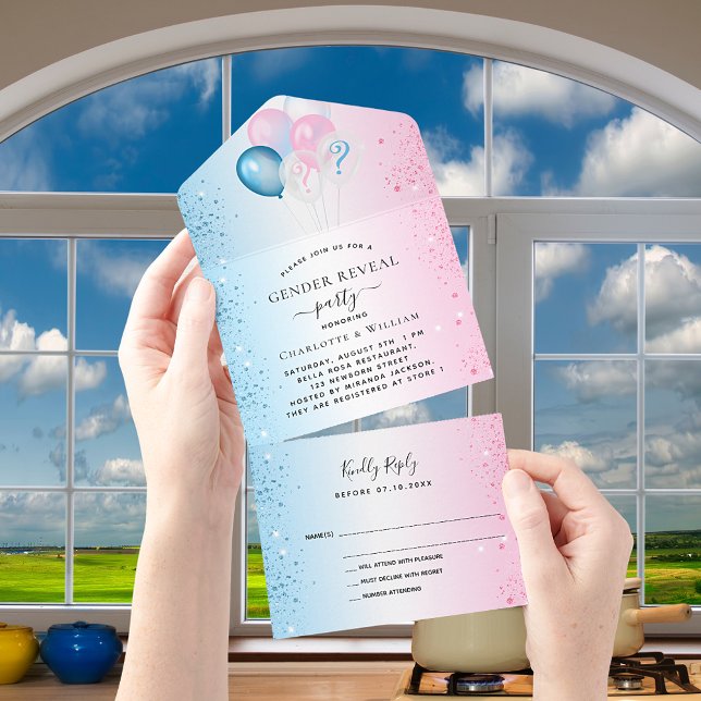 Gender reveal party blue pink balloons RSVP All In One Invitation (Creator Uploaded)