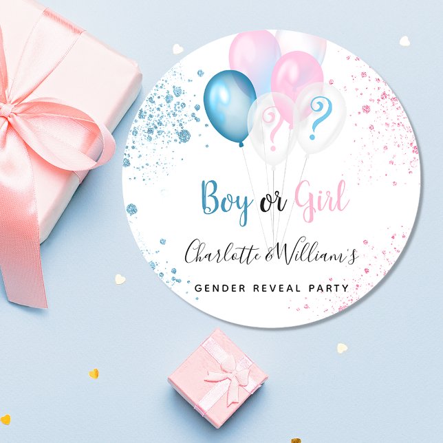 Gender reveal party boy girl blue pink glitter classic round sticker (Creator Uploaded)
