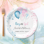 Gender reveal party boy girl blue pink glitter paper plate<br><div class="desc">For a gender reveal party. A chic white background. Decorated with glitter and blue,  pink and white balloons and faux blue and pink glitter dust.  Personalize and add the name's of the parents. The names and the text: Boy or Girl are written with a hand lettered style script</div>